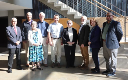 Pictured, from left, are members of the Copernicus Foundation Board of Directors including Lawrence Leviton, John Kolinski, Chrismary Pacyna, Paul Anderson and Tom Mrozinski, as well as Aber Suzuki Center Director AnnMarie Novak, Music Chair and Professor Mathew Buchman, COFAC Dean Valerie Cisler and Music Associate Professor Andrew Moran.