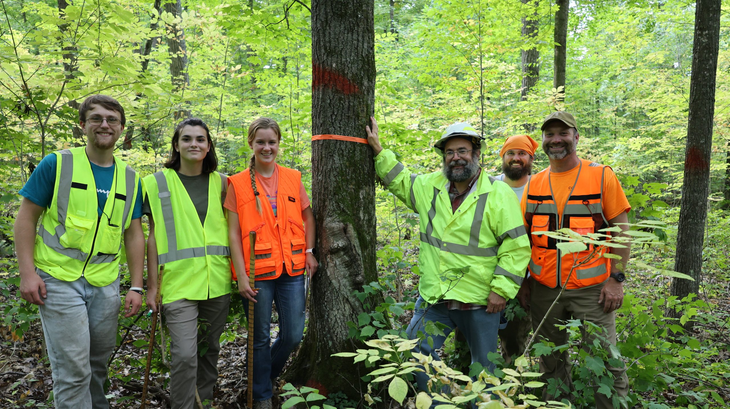 From left, Eric Alfredson, Hannah Kovalaske, and Alice Maas worked with forestry professor Mike Demchik, and Stockbridge-Munsee Community foresters Paul Koll and Ben Knaack to select red oak trees with various defects.